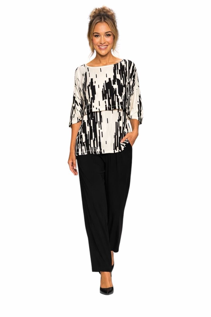 IC Collection Blk/ Wht Abstract 3/4 Sleeve Boat Neck Layered Sz L NWT